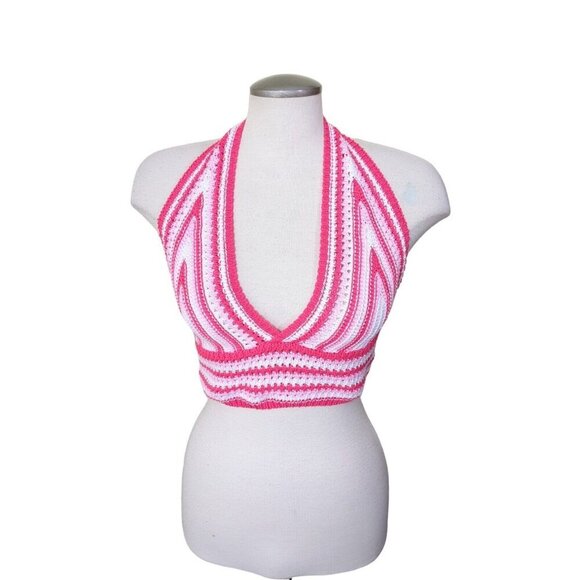 Vintage Crochet Halter Bralette Pink White Striped Handmade in Italy S/M - Picture 2 of 6